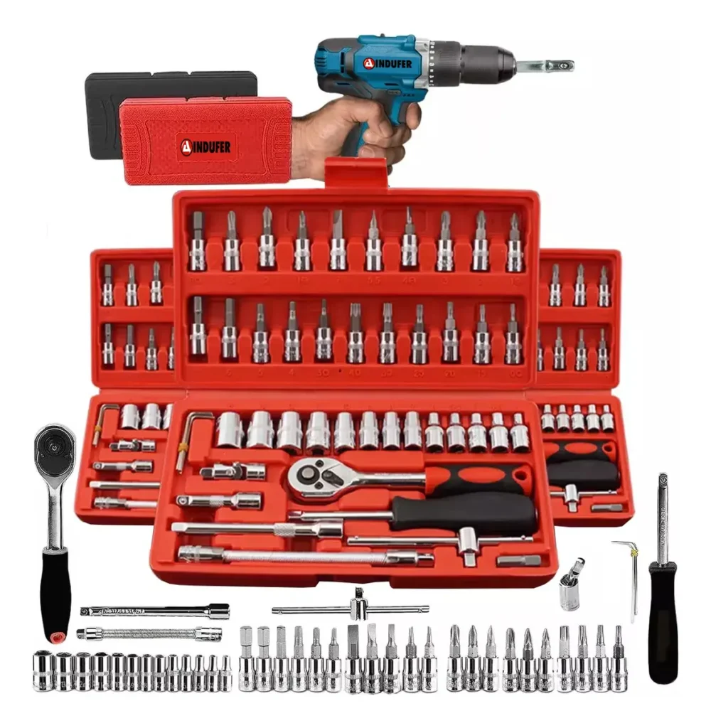 Kit Chave Catraca Soquete 46 Peças Indufer em Cromo Vanádio, para Manutenção