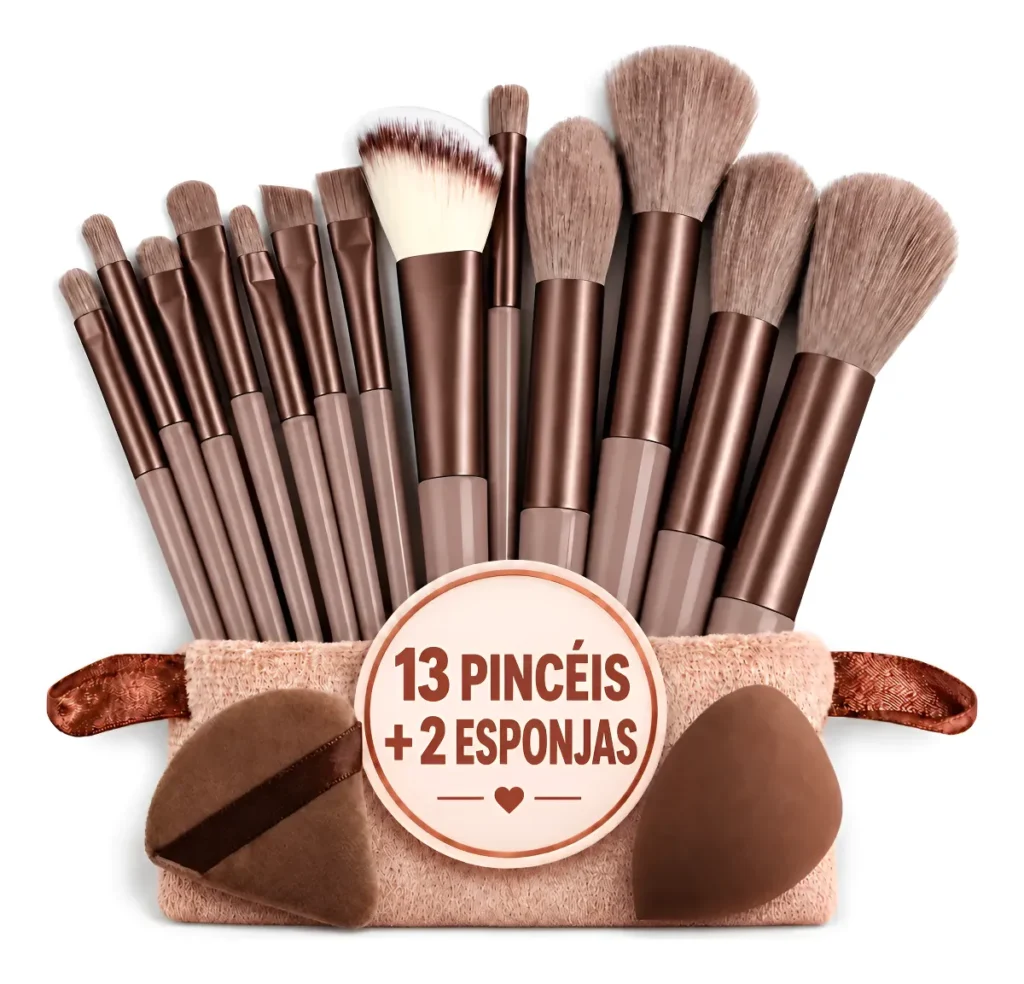 Kit Pincéis Maquiagem 13 Peças + 2 Esponjas Com Estojo Marrom