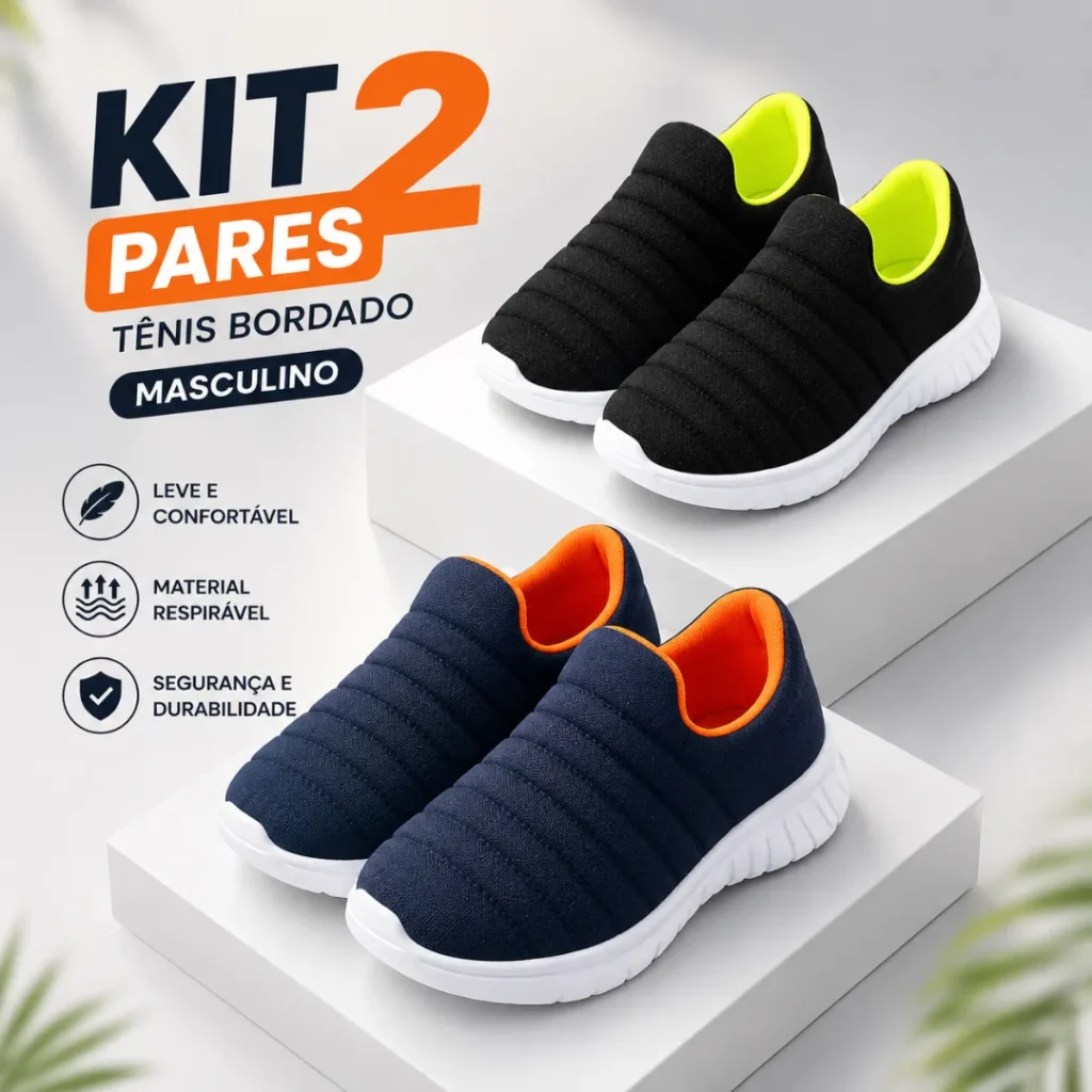 Kit 2 Pares Tênis Infantil Bordado Confortável Calce Facil Azul/laranja Preto/verde Liso 27 Br