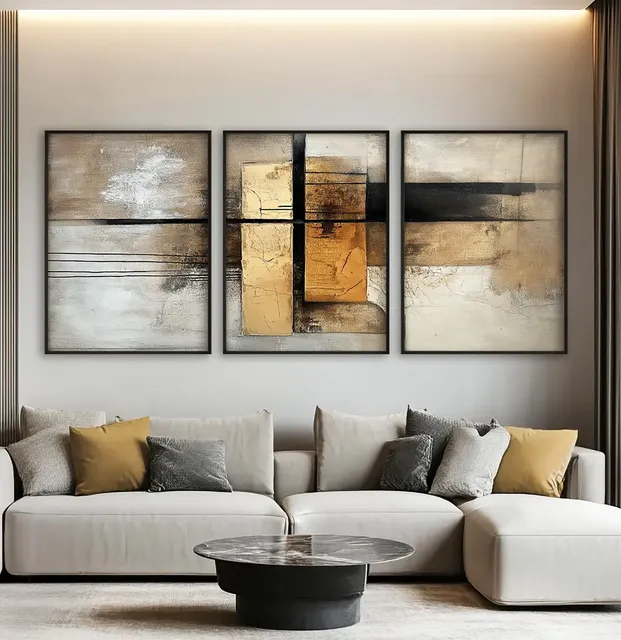 Trio Quadro Grande Com Moldura 40×60 Coleção Abstrato Sala