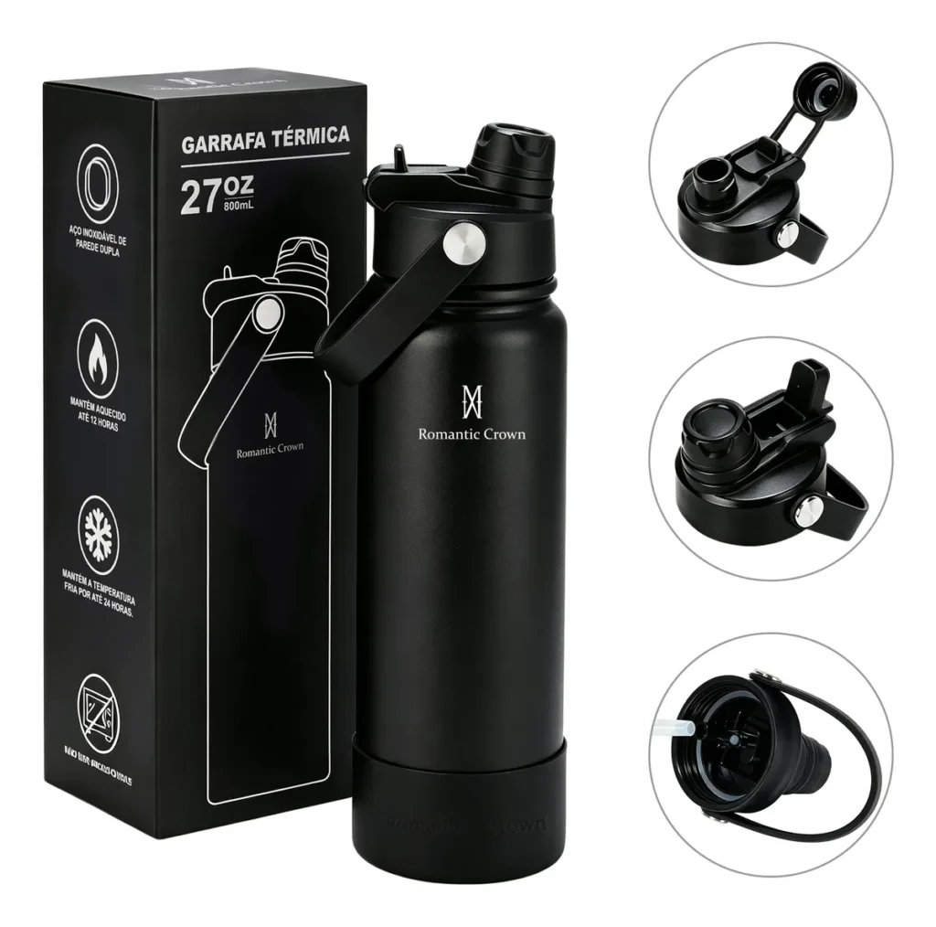 Garrafa Térmica 800ml Inox Bico Duplo Canudo Alça Esporte Preto