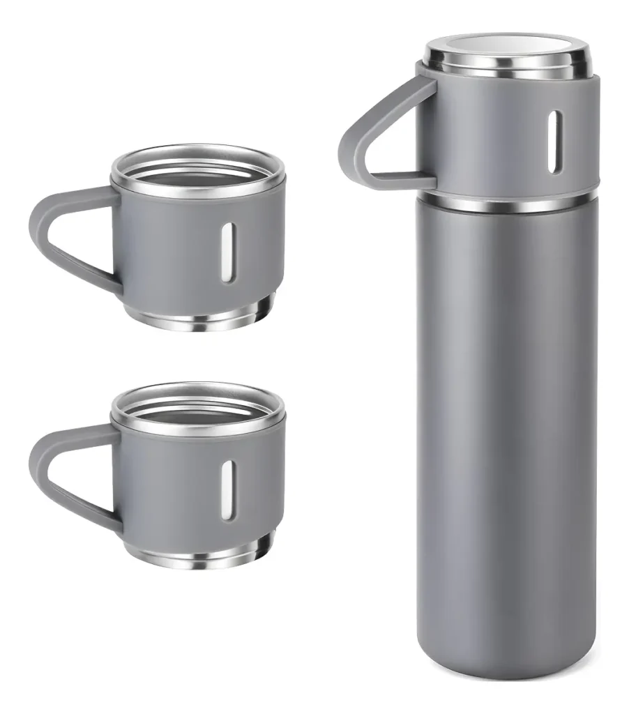 Caneca Kit Garrafa Térmica Vacuum Bottle Inox 500ml + 3 Xíca Cinza
