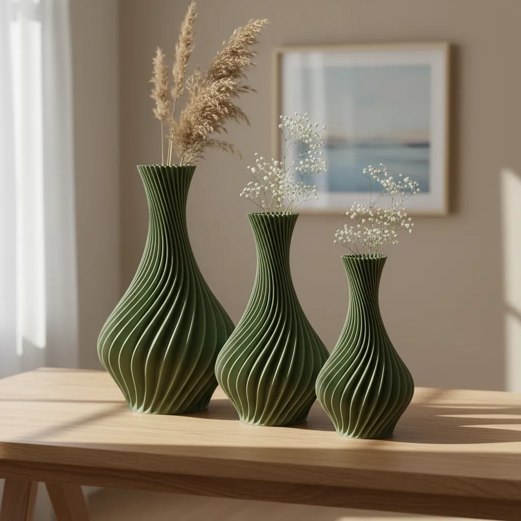 Kit 3 Vasos Modelo Espiral Decoração Moderna Sala Cozinha Verde-escuro Espiral