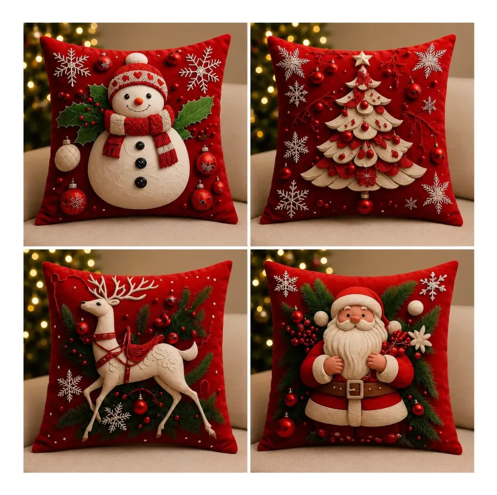 Kit 4 Capas De Almofadas Decorativas 45×45 – Estampadas Natal Vermelha