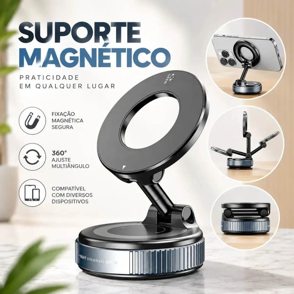 Suporte Magnético Para Celular Com Ventosa De Vácuo Ajustável 360° Universal Para Carro Painel Vidro Mesa E Superfícies Com Fixação Forte Para Smartphone E Uso Veicular E Ajuste Prático – Swave