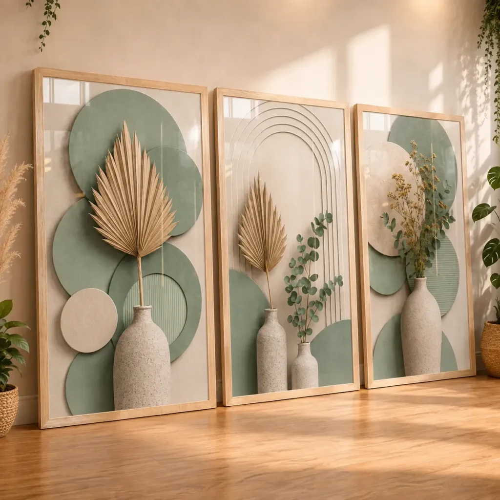 Quadros Decorativos Sala Folha Verde Bege Neutro Boho 122×60 Carvalho
