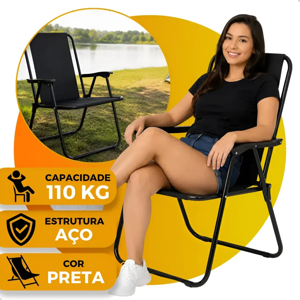Cadeira De Praia Camping Dobrável Alta 110kg Aço Portátil Preto